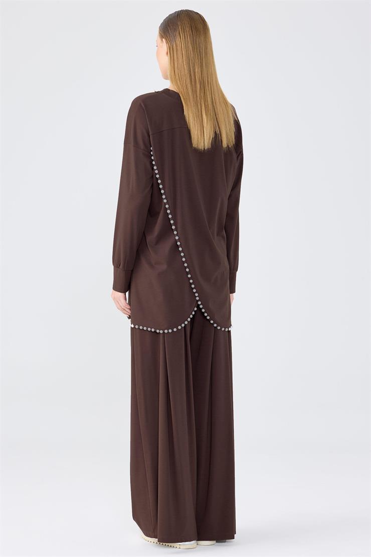 İnci Detaylı Tunik Pantolon Takım KAHVE