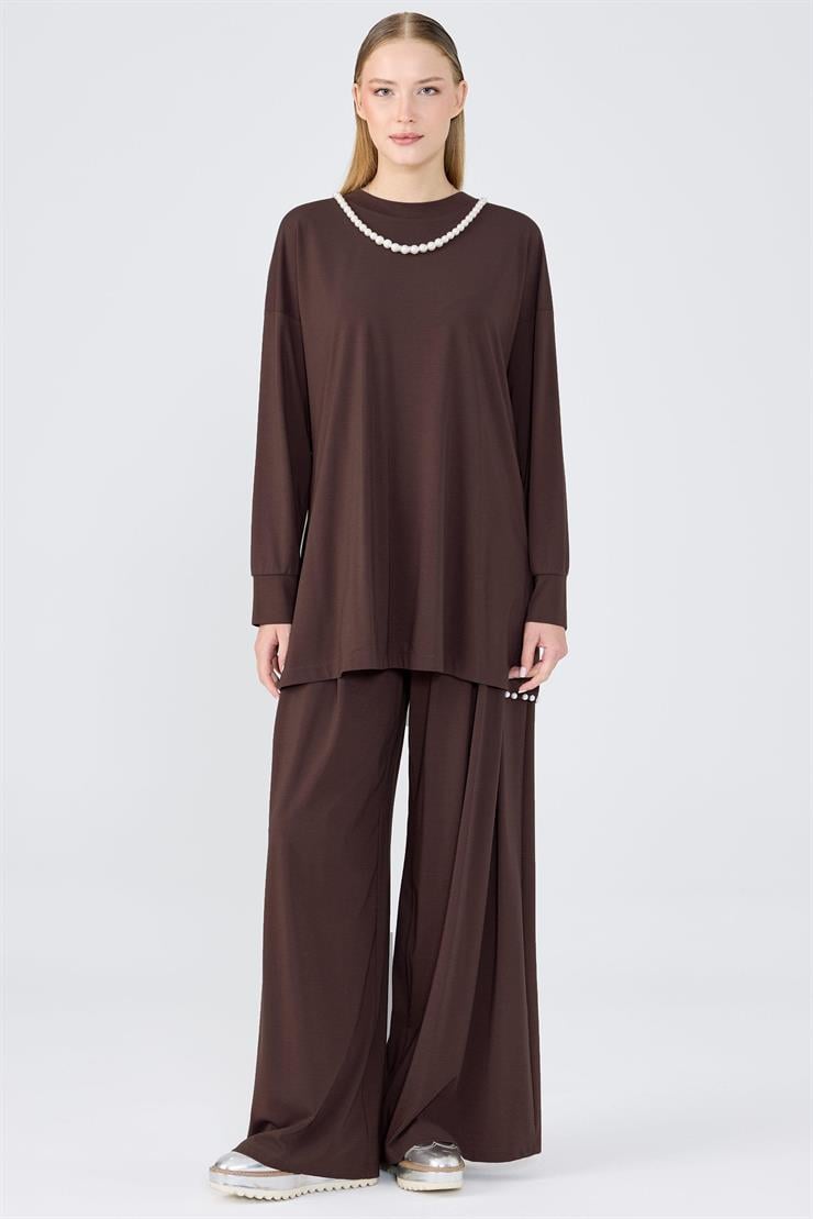 İnci Detaylı Tunik Pantolon Takım KAHVE