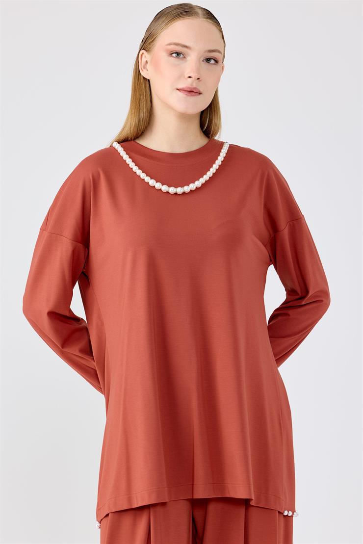 İnci Detaylı Tunik Pantolon Takım KİREMİT