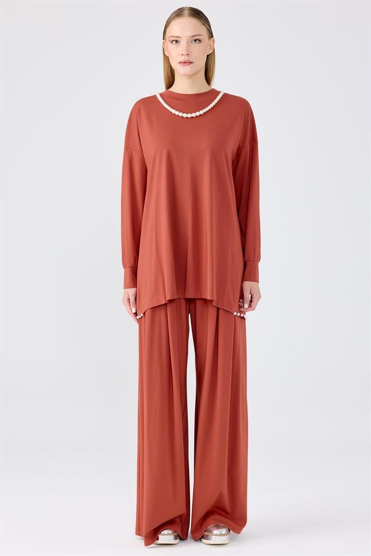İnci Detaylı Tunik Pantolon Takım KİREMİT