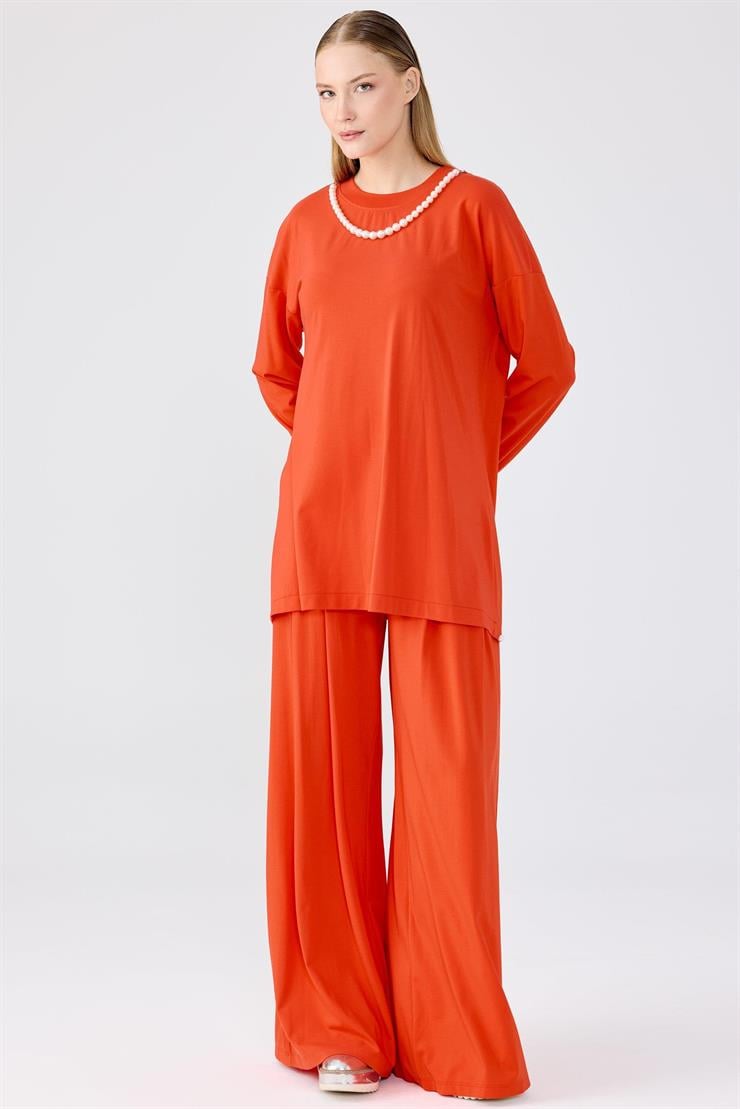 İnci Detaylı Tunik Pantolon Takım KIRMIZI