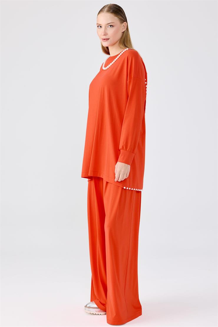 İnci Detaylı Tunik Pantolon Takım KIRMIZI
