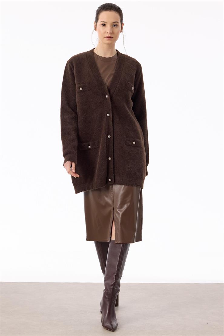 İnci Düğmeli Triko Hırka ACI KAHVE