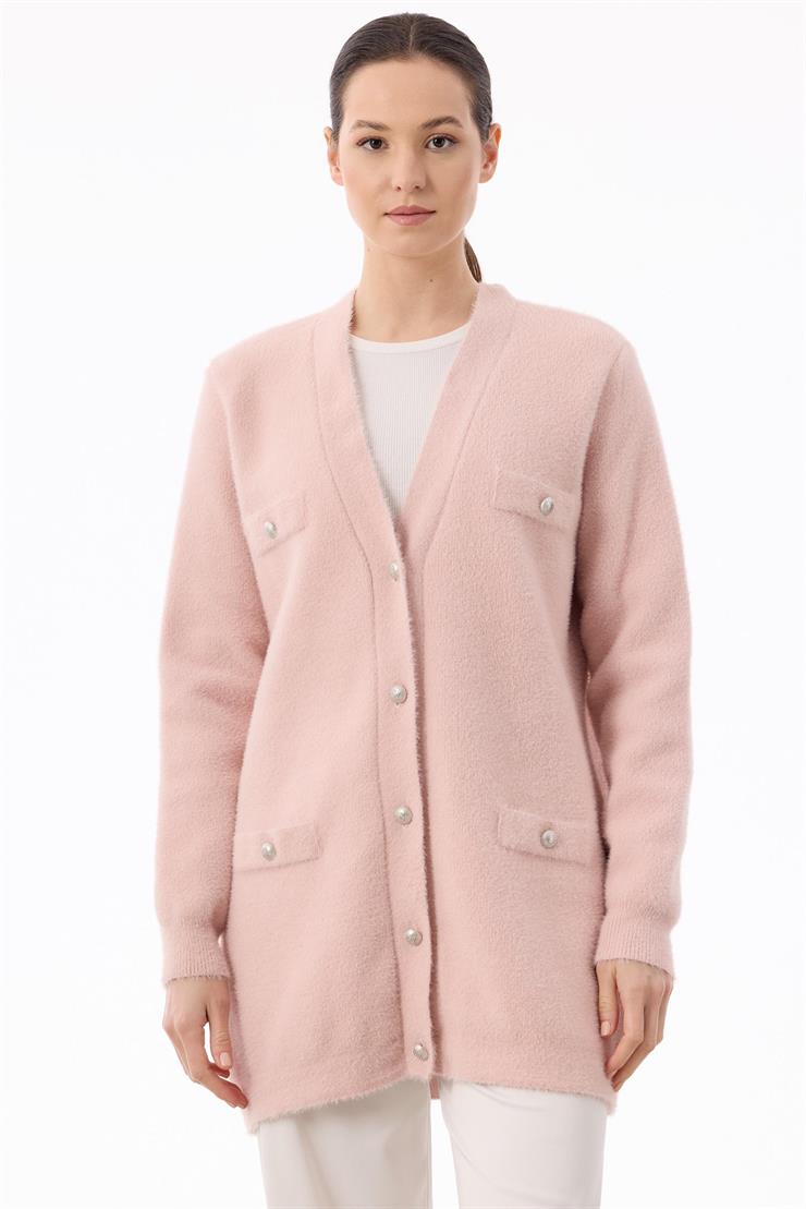 İnci Düğmeli Triko Hırka AÇIK PEMBE