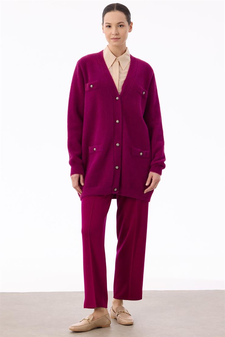 İnci Düğmeli Triko Hırka FUŞYA