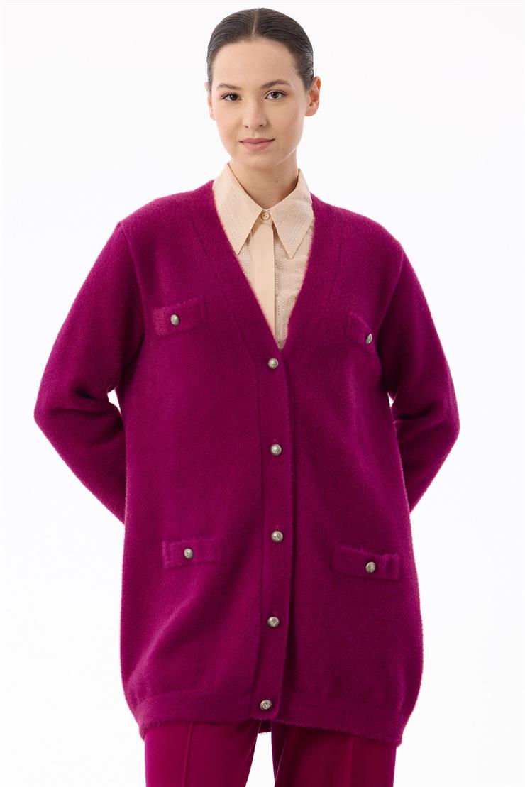 İnci Düğmeli Triko Hırka FUŞYA