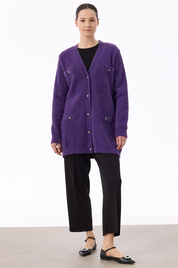 İnci Düğmeli Triko Hırka MOR