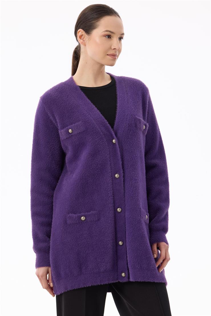 İnci Düğmeli Triko Hırka MOR