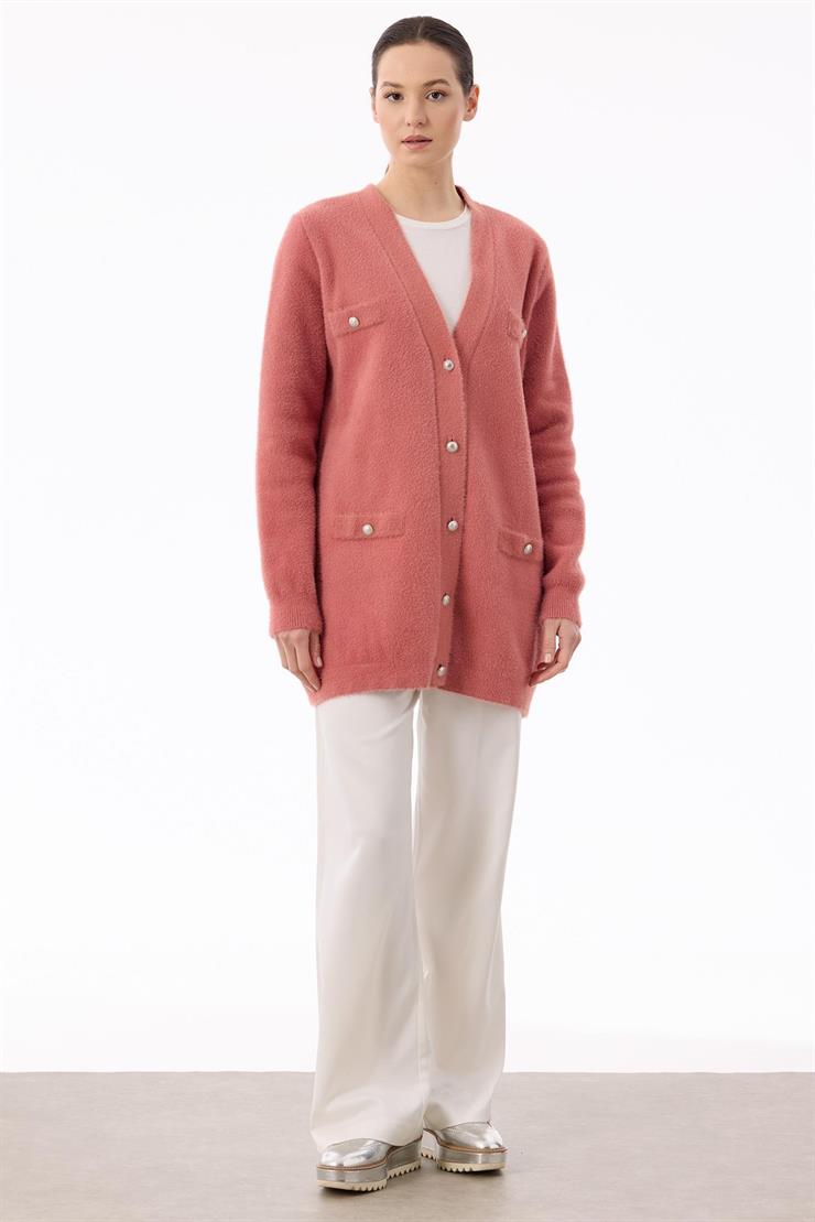 İnci Düğmeli Triko Hırka PEMBE