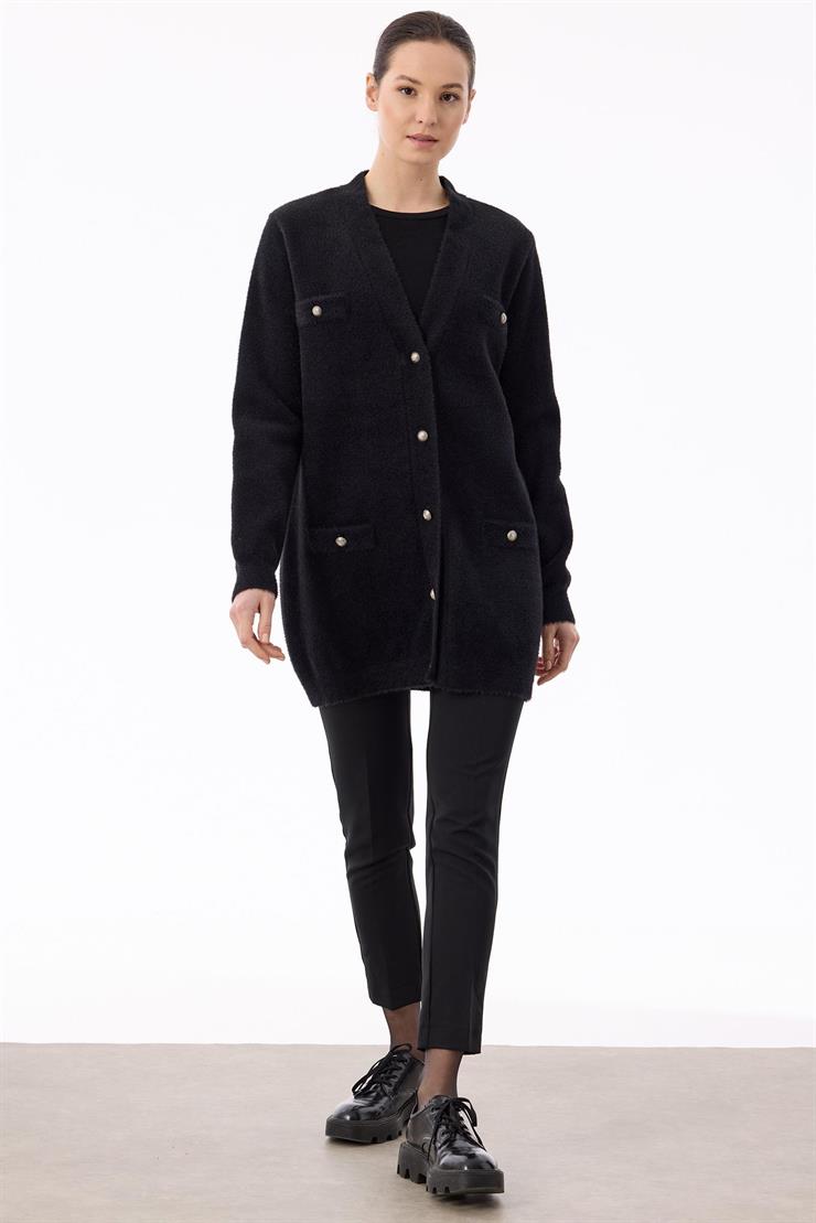 İnci Düğmeli Triko Hırka SİYAH