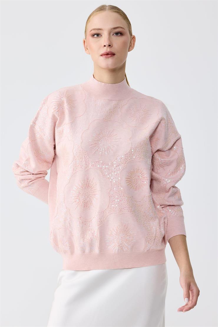 İşlemeli Yarım Balıkcı Yaka Bluz PUDRA