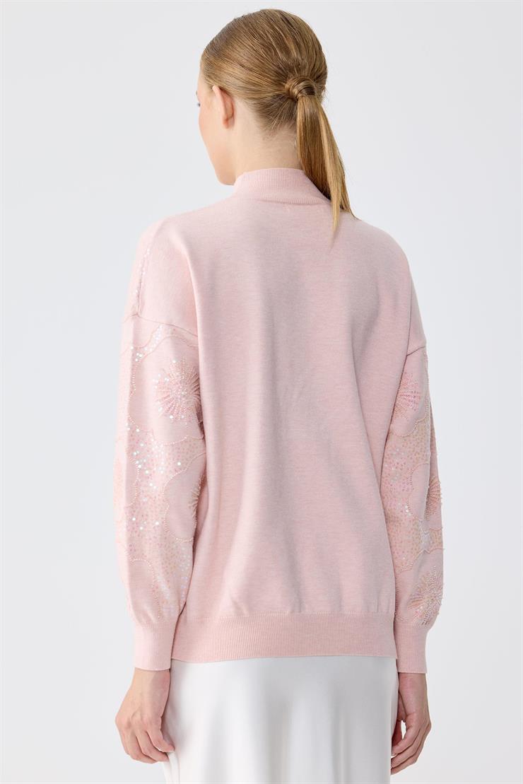 İşlemeli Yarım Balıkcı Yaka Bluz PUDRA