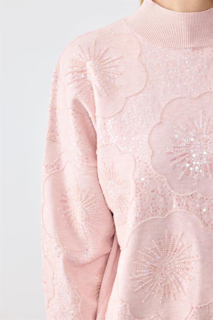 İşlemeli Yarım Balıkcı Yaka Bluz PUDRA