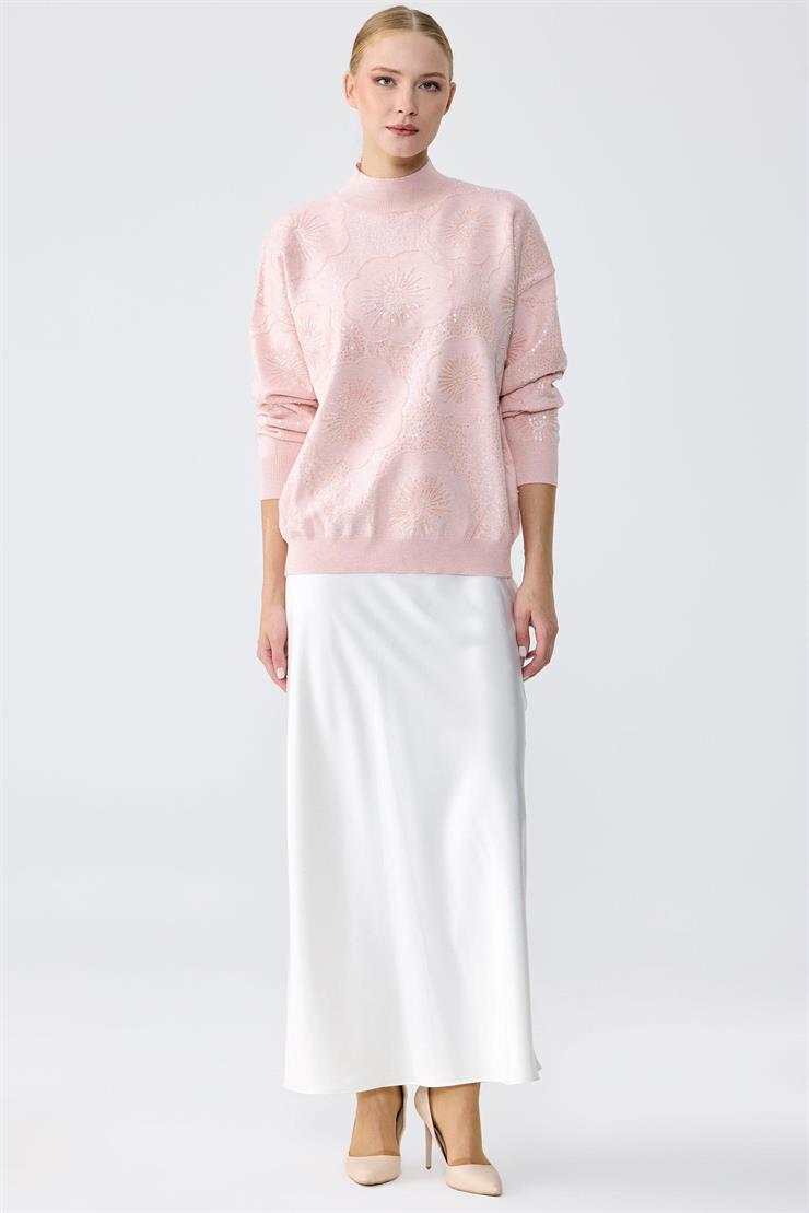 İşlemeli Yarım Balıkcı Yaka Bluz PUDRA