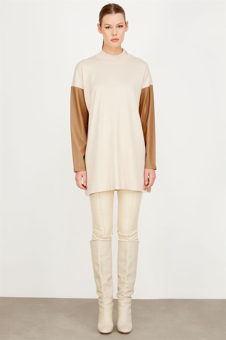 KOLLARI DERİ DETAYLI TUNİK BEJ