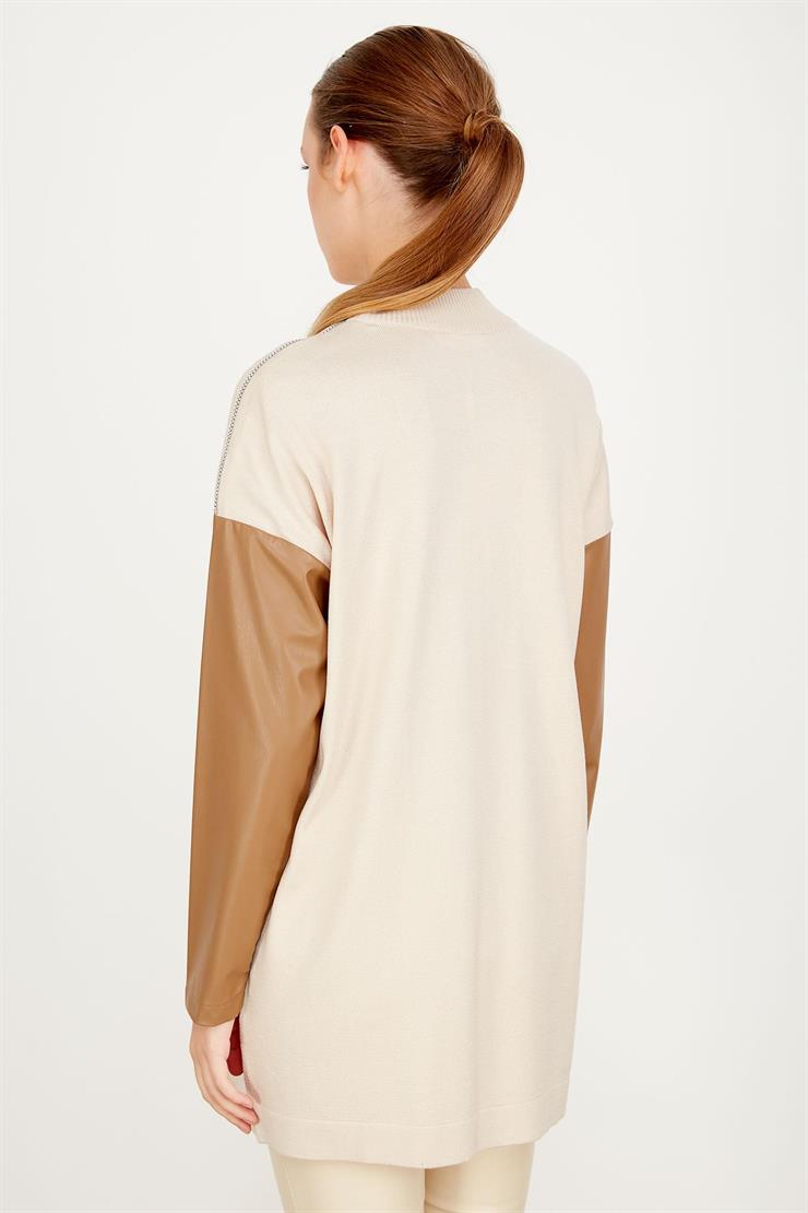 KOLLARI DERİ DETAYLI TUNİK BEJ