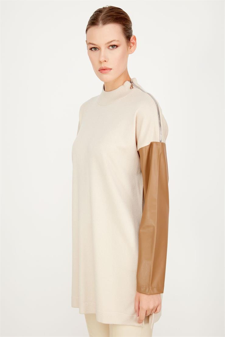 KOLLARI DERİ DETAYLI TUNİK BEJ