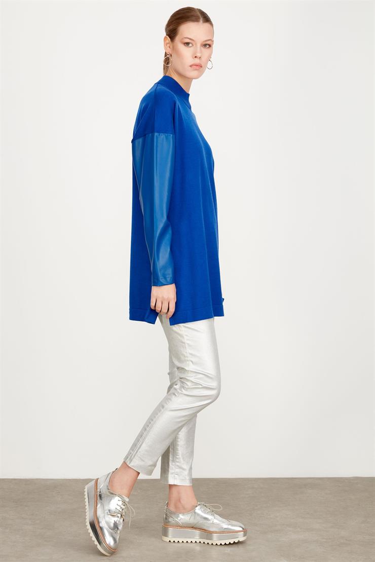 KOLLARI DERİ DETAYLI TUNİK SAKS