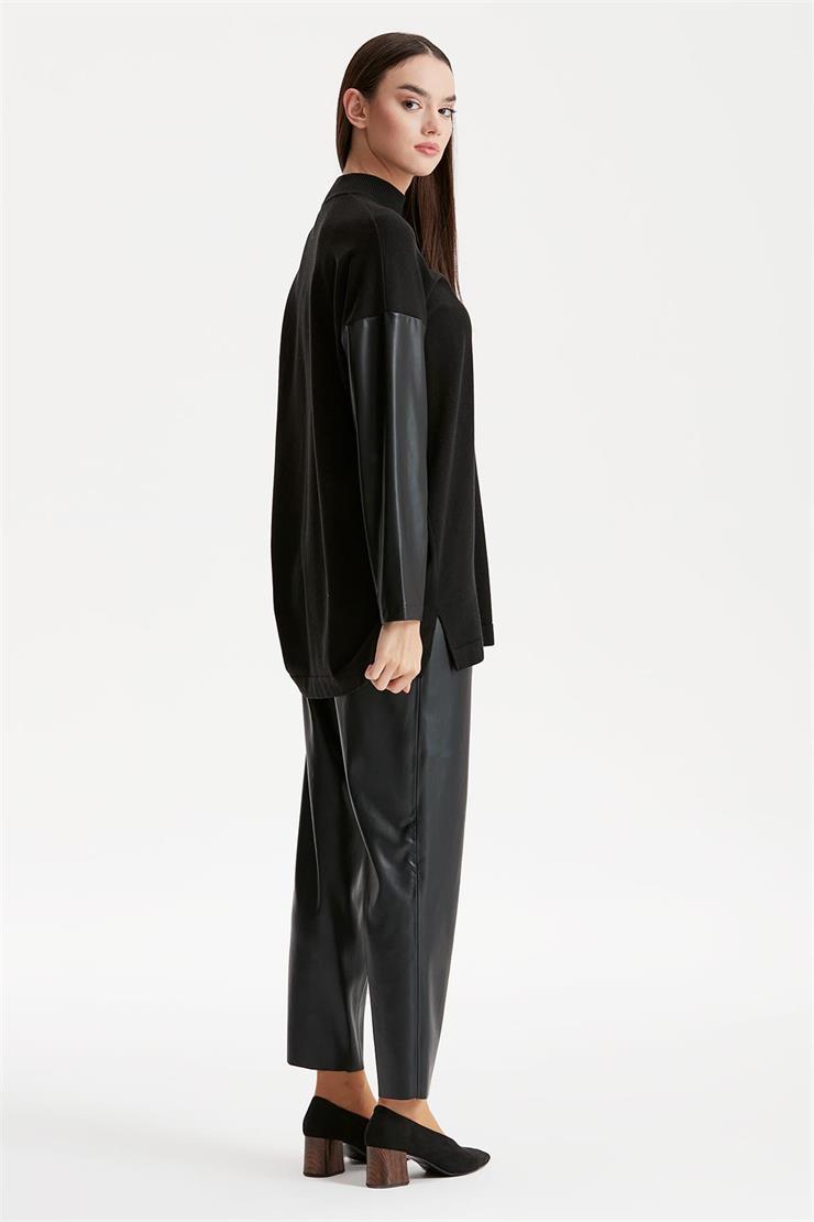 KOLLARI DERİ DETAYLI TUNİK SİYAH