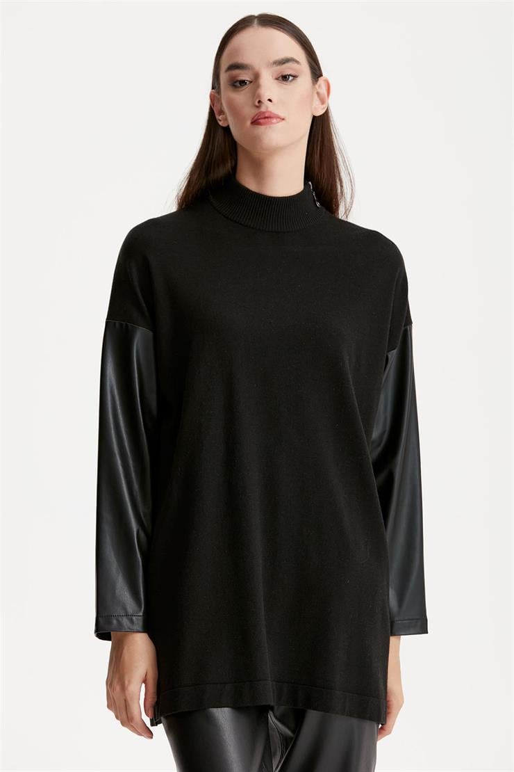 KOLLARI DERİ DETAYLI TUNİK SİYAH