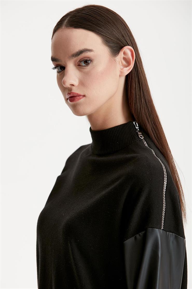 KOLLARI DERİ DETAYLI TUNİK SİYAH