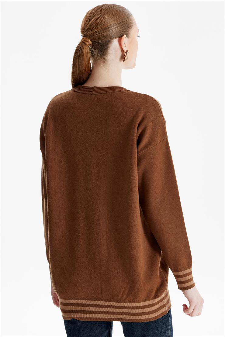 Kabartma Yazılı Triko  Hırka KAHVE-CAMEL