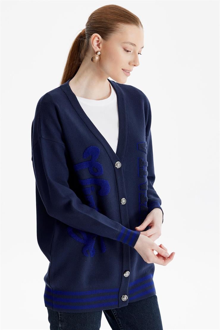 Kabartma Yazılı Triko  Hırka LACİVERT