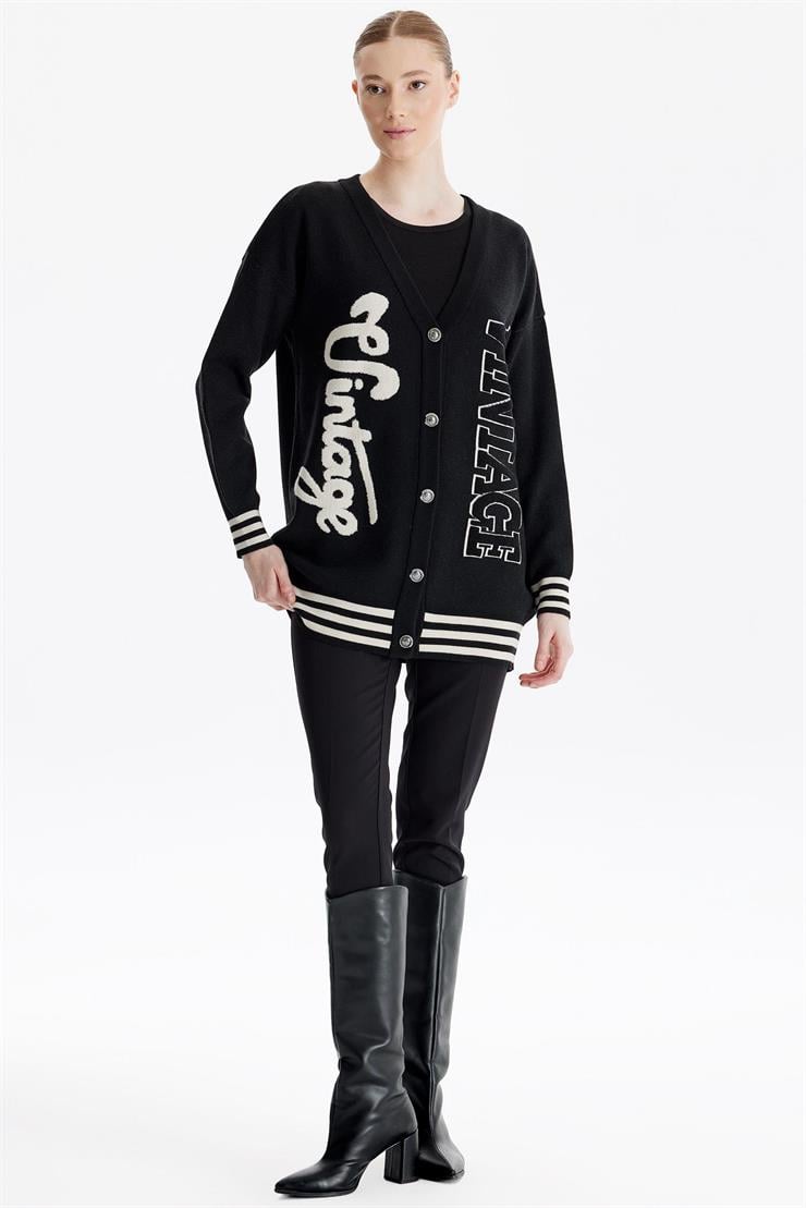 Kabartma Yazılı Triko  Hırka SİYAH-BEJ