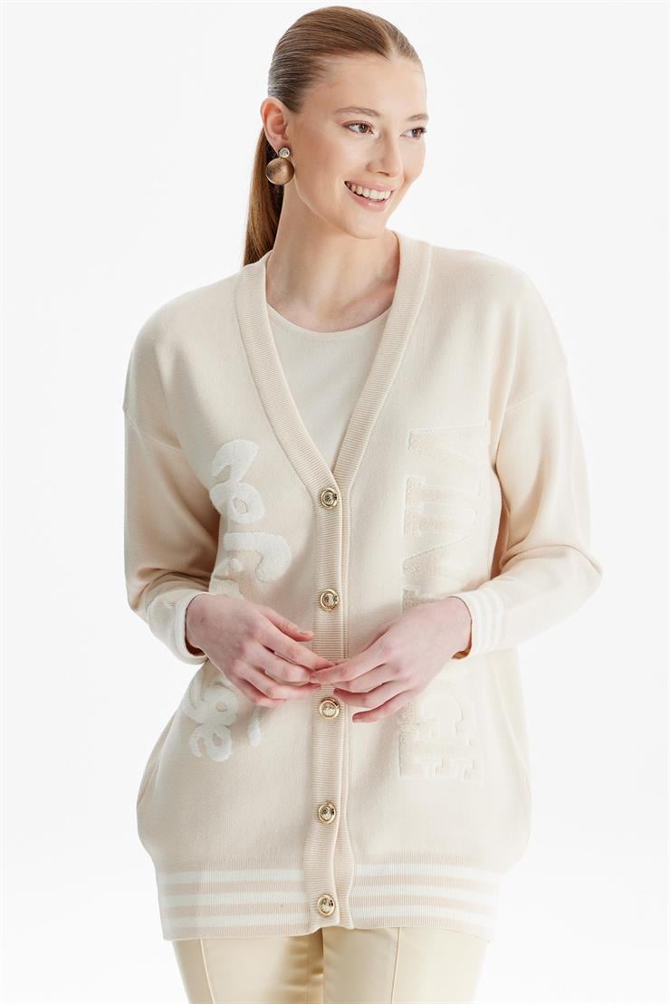 Kabartma Yazılı Triko  Hırka VANİLYA