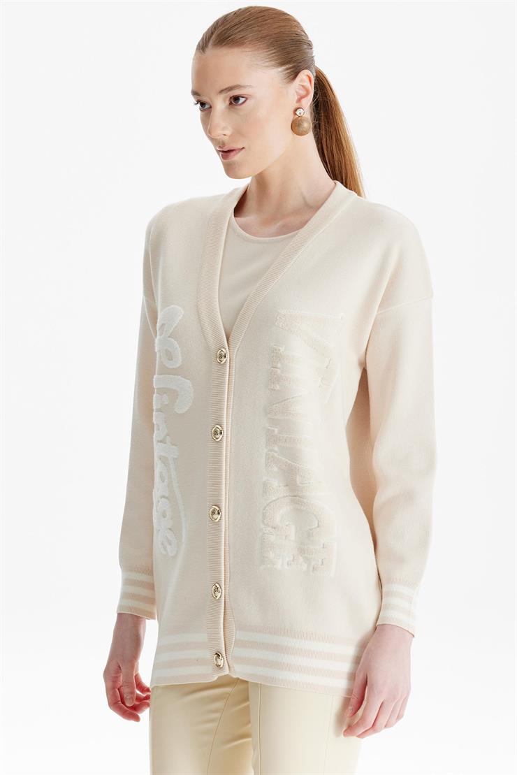 Kabartma Yazılı Triko  Hırka VANİLYA