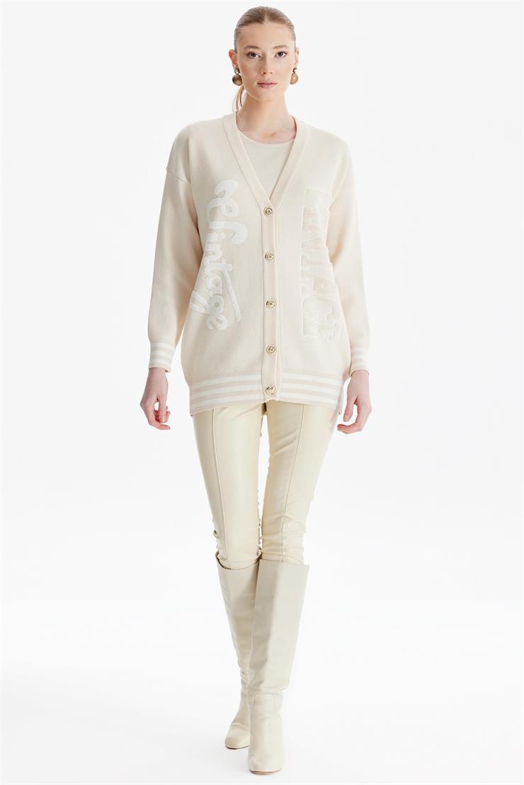 Kabartma Yazılı Triko  Hırka VANİLYA