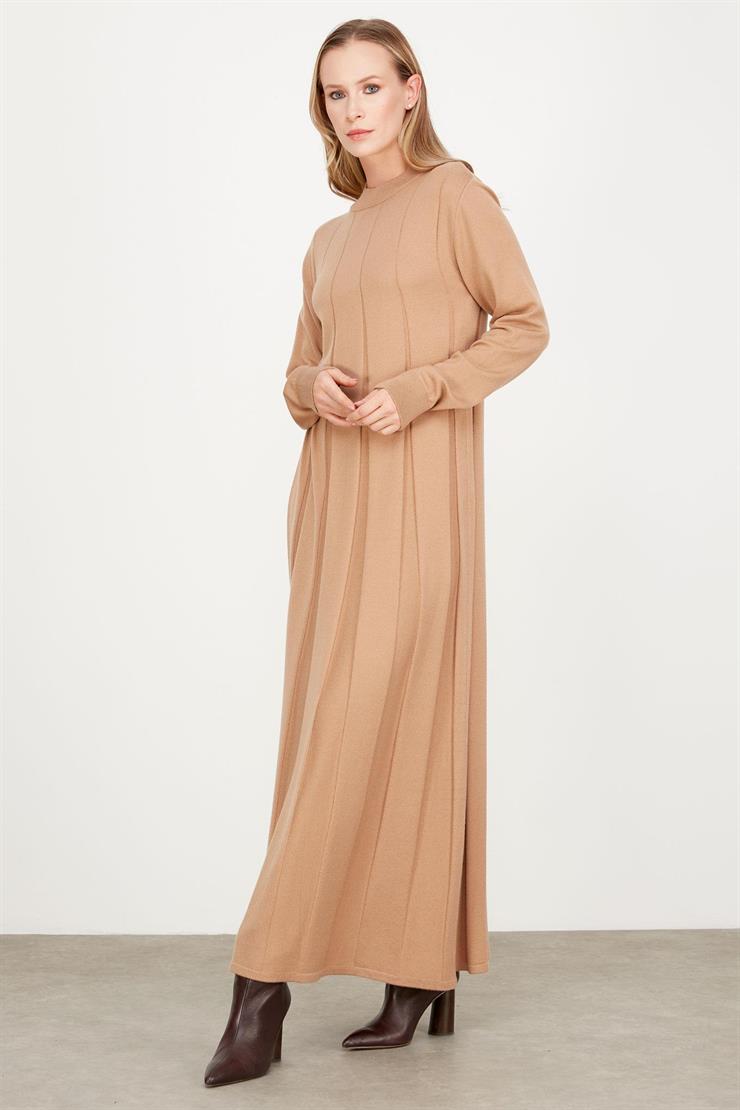 Kalın Piliseli Triko Elbise CAMEL