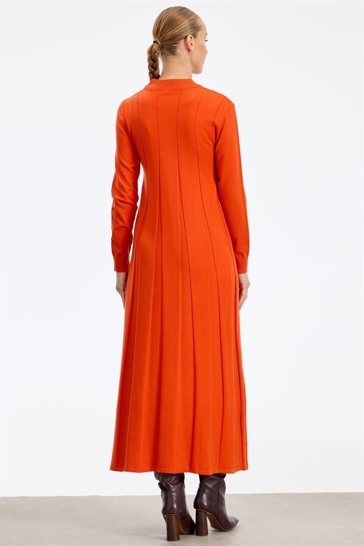 Kalın Piliseli Triko Elbise ORANJ