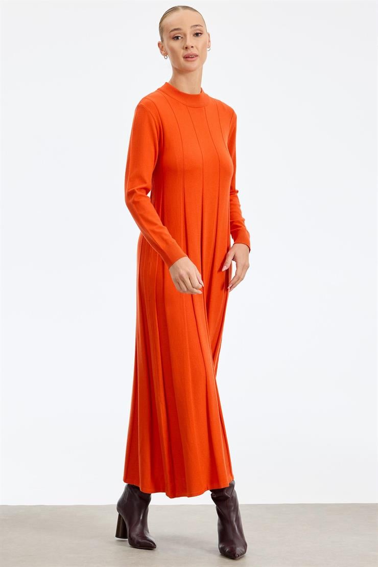 Kalın Piliseli Triko Elbise ORANJ