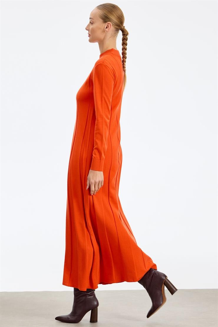 Kalın Piliseli Triko Elbise ORANJ