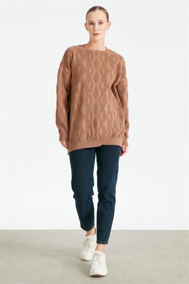 Kapartma Desenli Triko Tunik CAMEL
