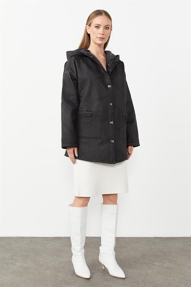 Kapitone Kapüşonlu Ceket-SİYAH