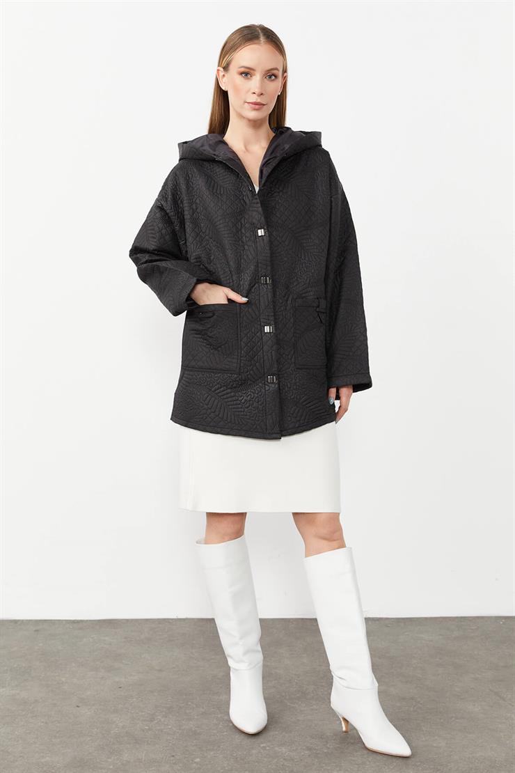 Kapitone Kapüşonlu Ceket-SİYAH