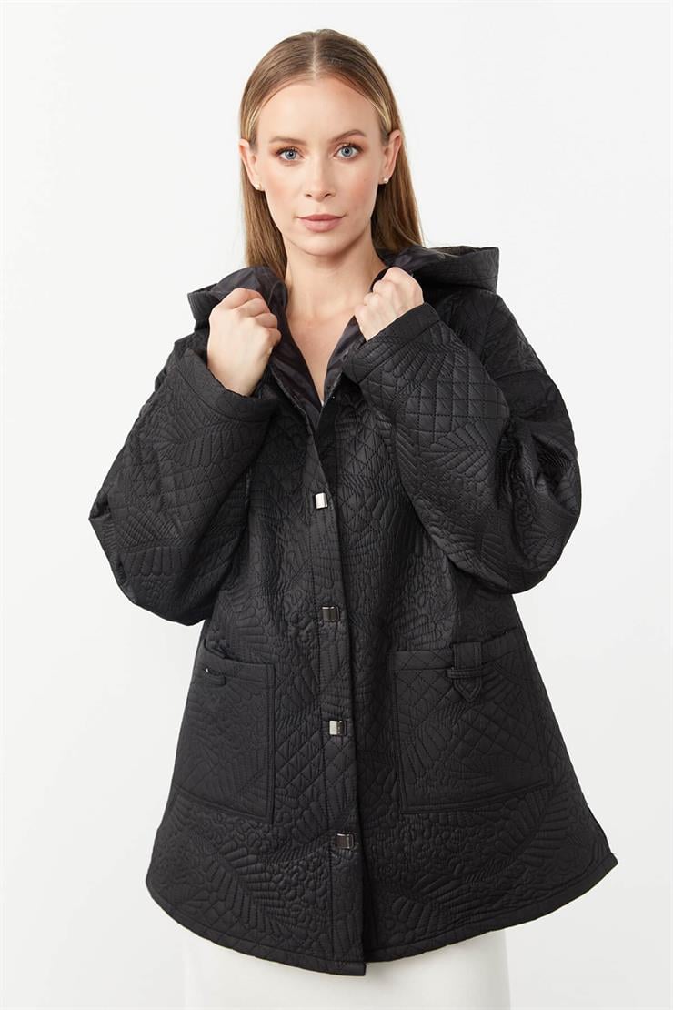 Kapitone Kapüşonlu Ceket-SİYAH