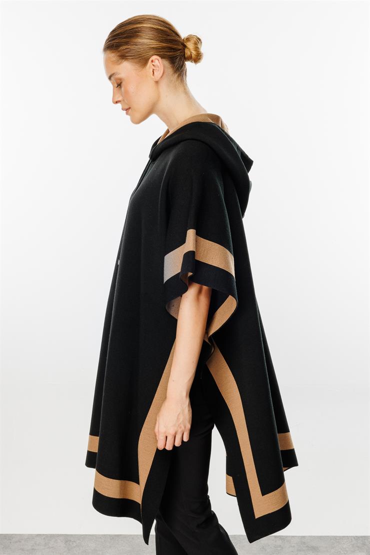 Kapşonlu Panço-Siyah - Camel