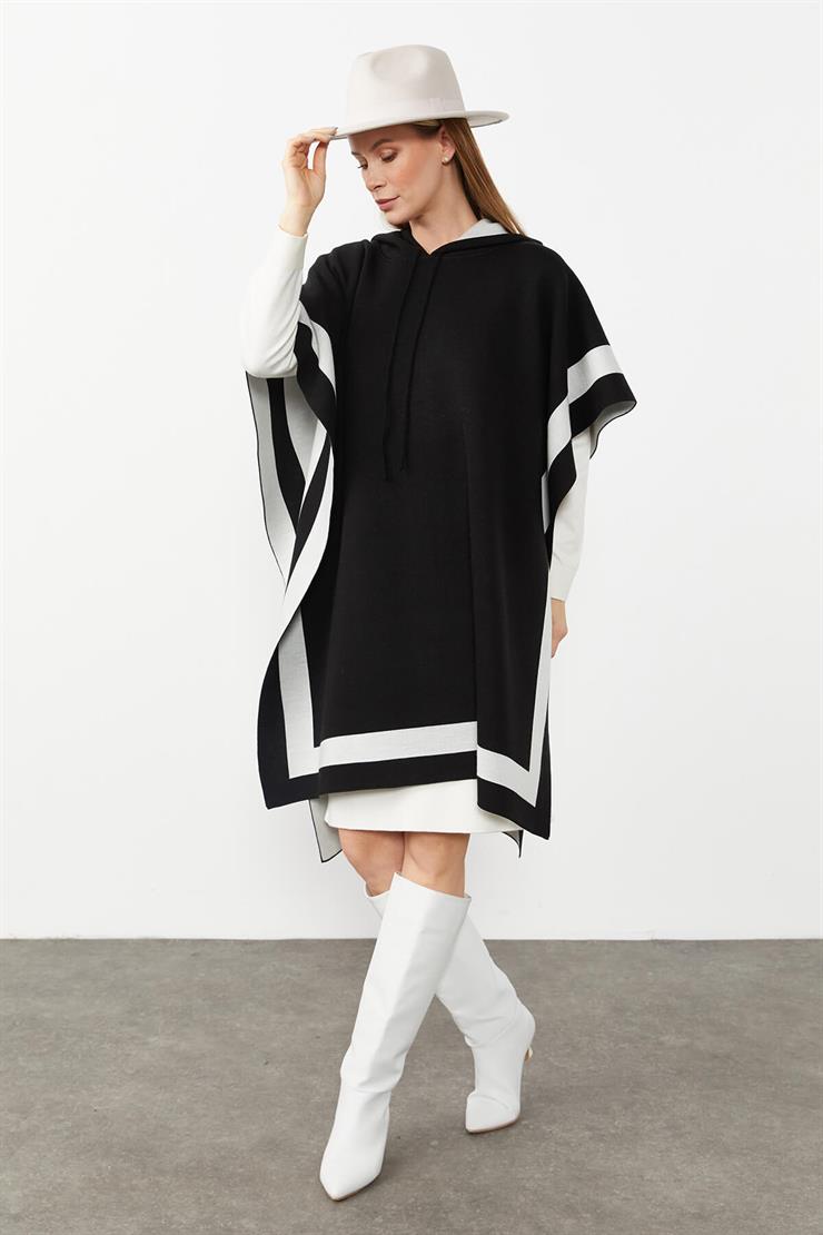 Kapşonlu Panço-Siyah-Ekru