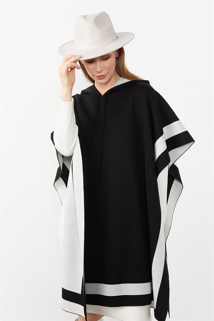 Kapşonlu Panço-Siyah-Ekru
