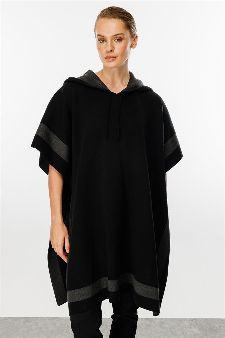 Kapşonlu Panço-Siyah-Füme