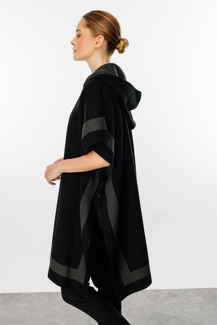 Kapşonlu Panço-Siyah-Füme