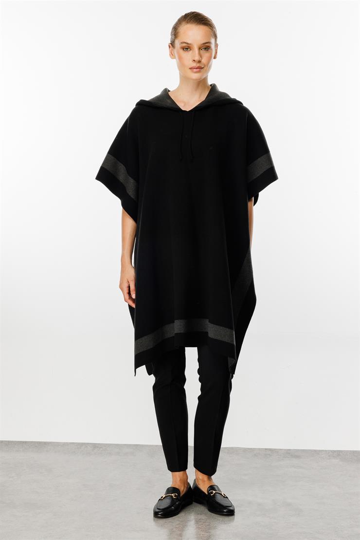 Kapşonlu Panço-Siyah-Füme
