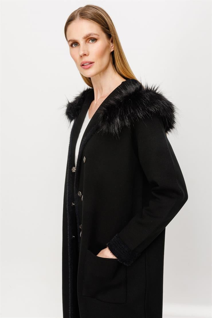 Kapüşonlu Kruvaze Kapama Triko Pardesü-SİYAH