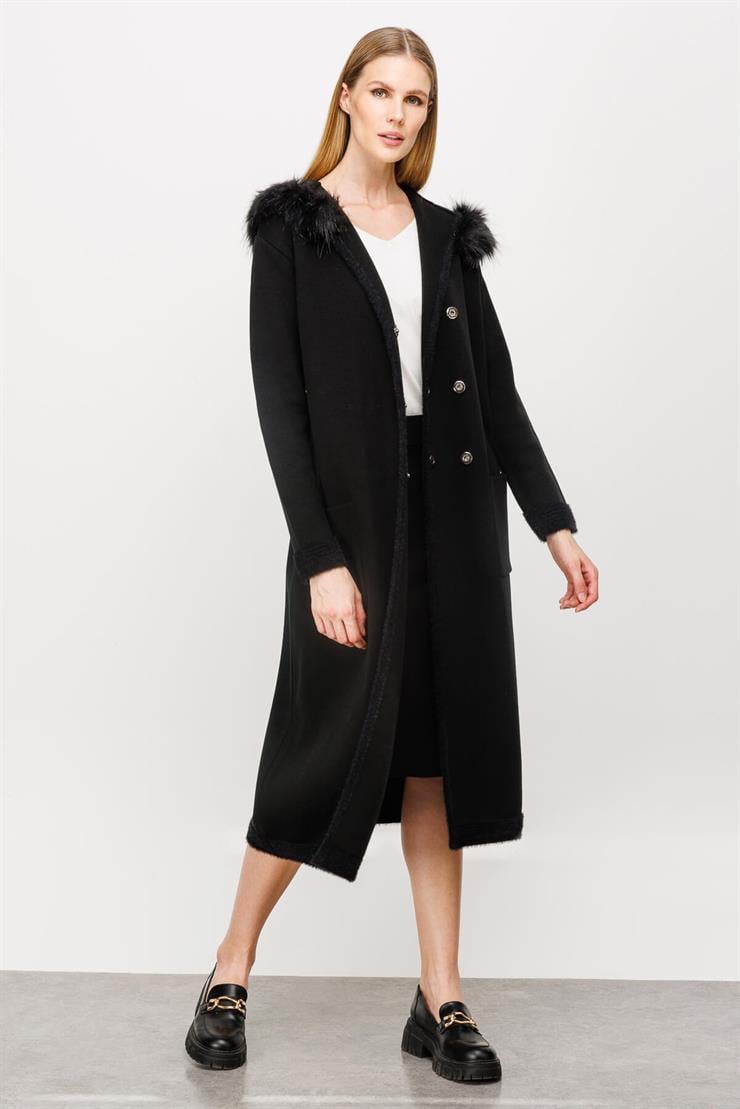 Kapüşonlu Kruvaze Kapama Triko Pardesü-SİYAH