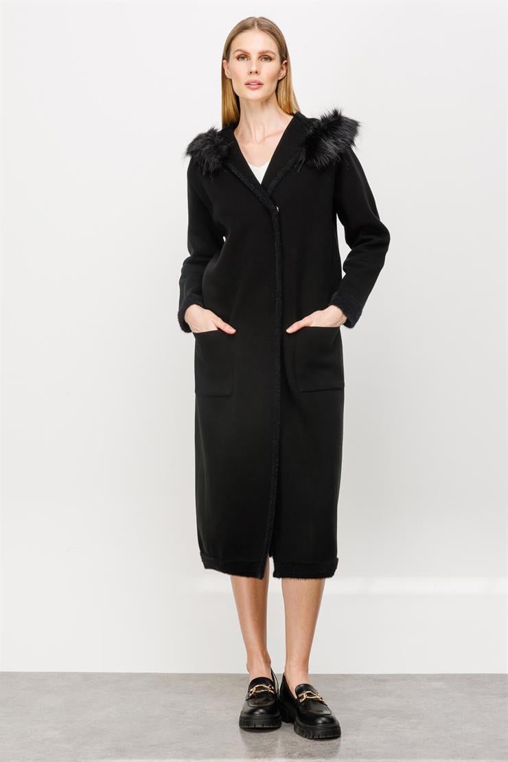 Kapüşonlu Kruvaze Kapama Triko Pardesü-SİYAH