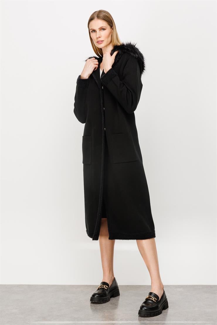 Kapüşonlu Kruvaze Kapama Triko Pardesü-SİYAH