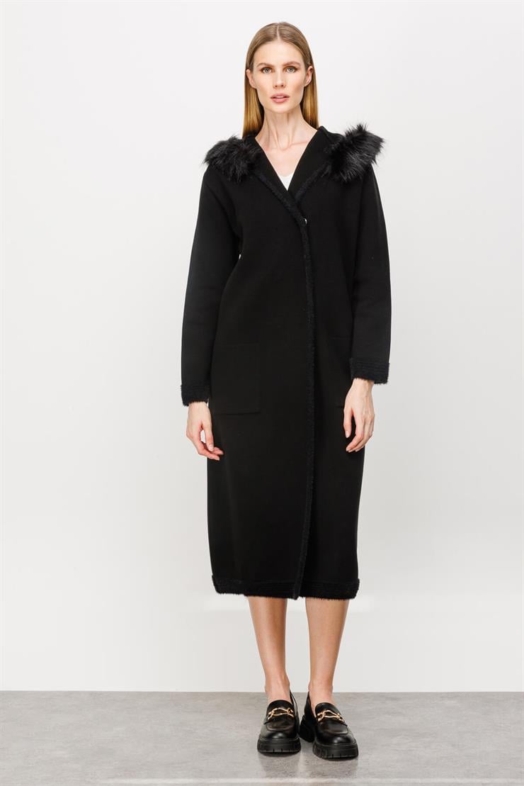 Kapüşonlu Kruvaze Kapama Triko Pardesü-SİYAH